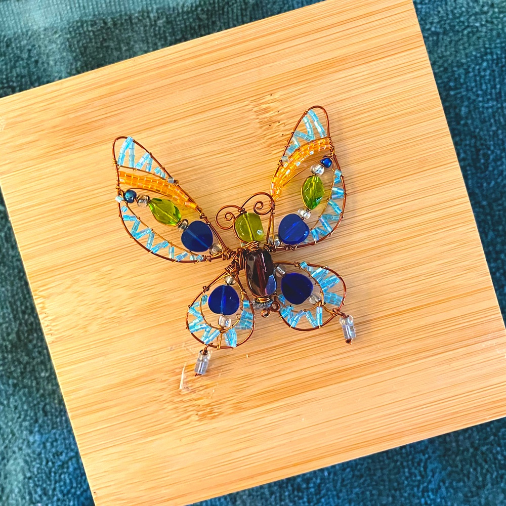 Handmade Copper Wire Wrapped Butterfly Pin Multi Color Beaded Statement Brooch